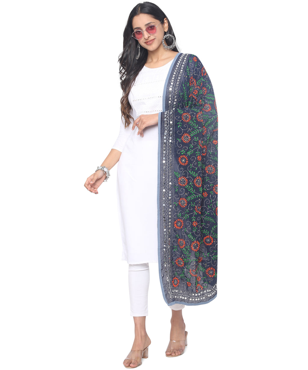 Banjara India Women Georgette Hand Embroidered Phulkari Work Dupatta - NavyBlue