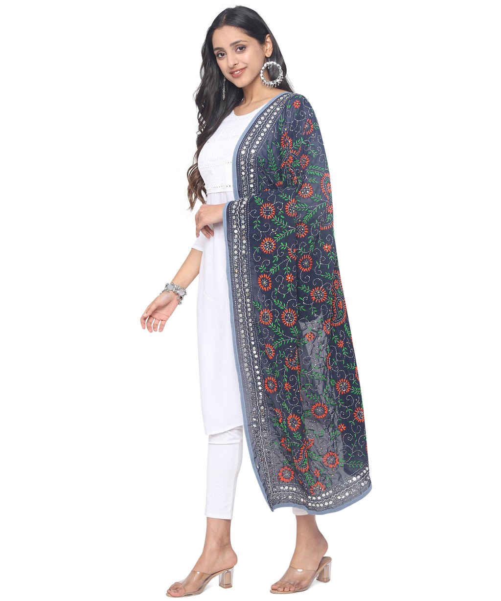 Banjara India Women Georgette Hand Embroidered Phulkari Work Dupatta - NavyBlue
