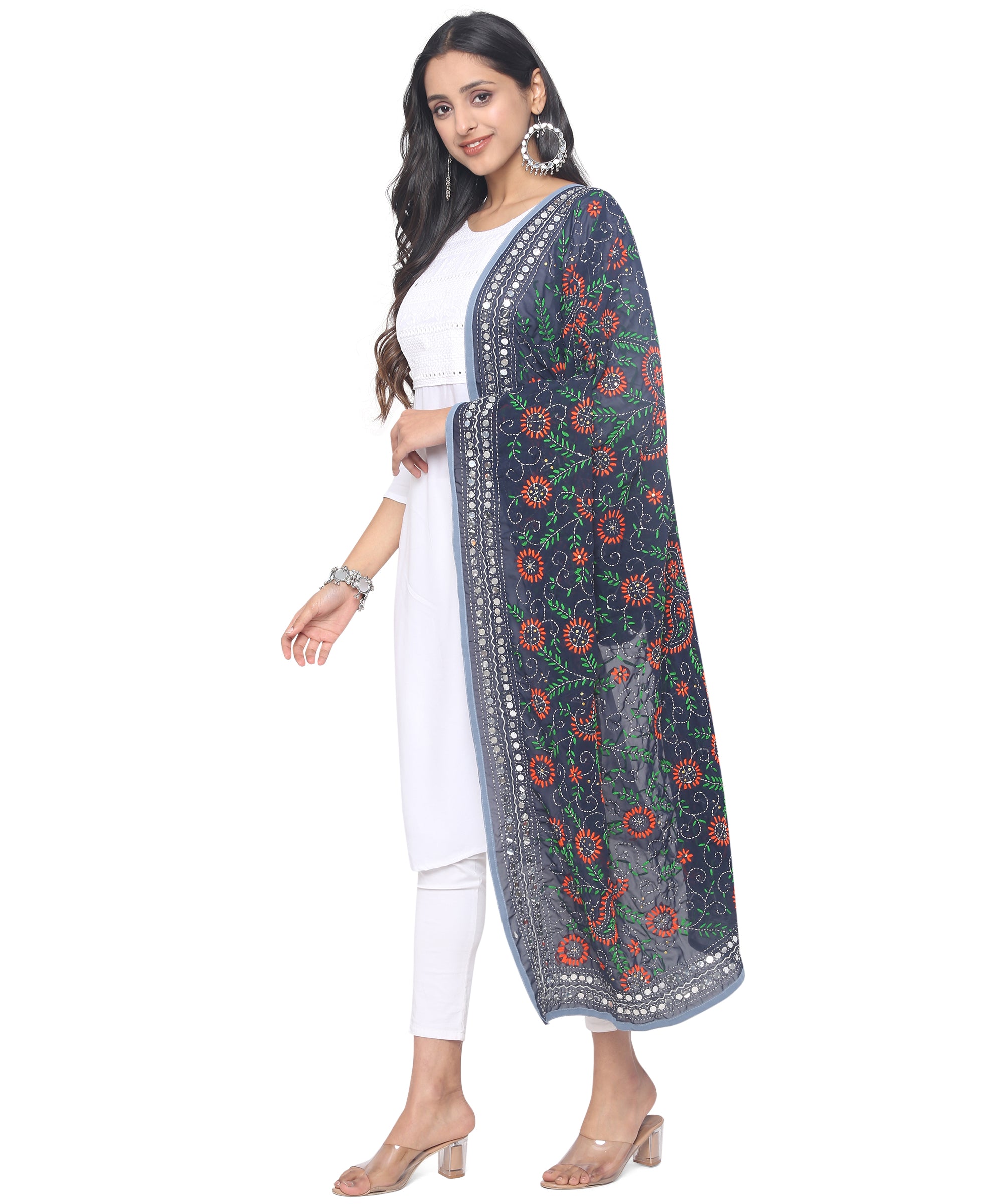 Banjara India Women Georgette Hand Embroidered Phulkari Work Dupatta - NavyBlue