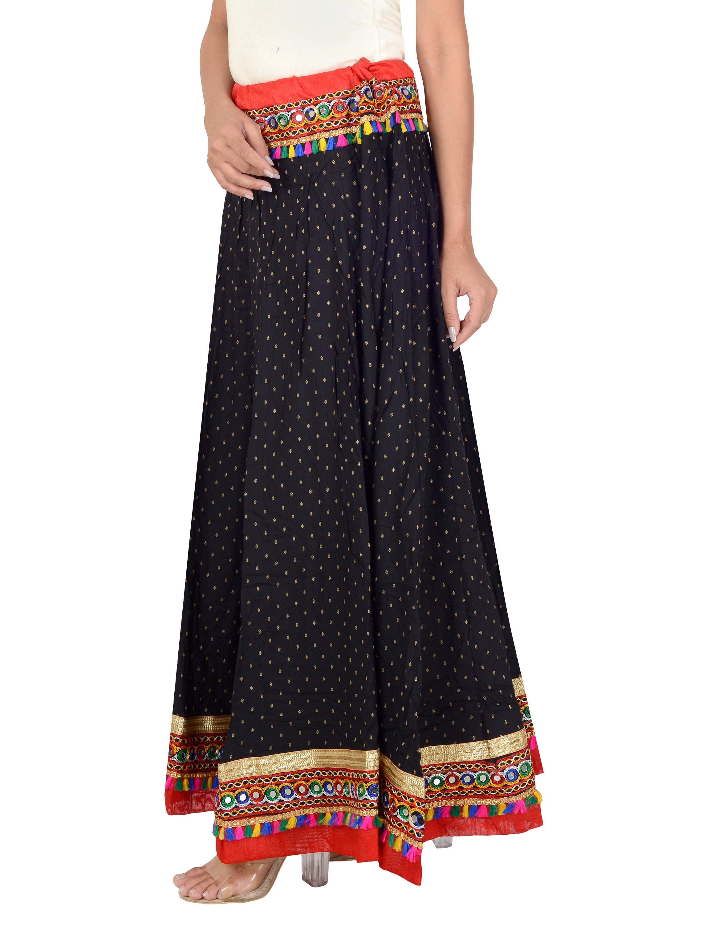 Dots Print & Kutchi Embroidered Border Cotton Skirt/Chaniya - DotsSkirt-Black