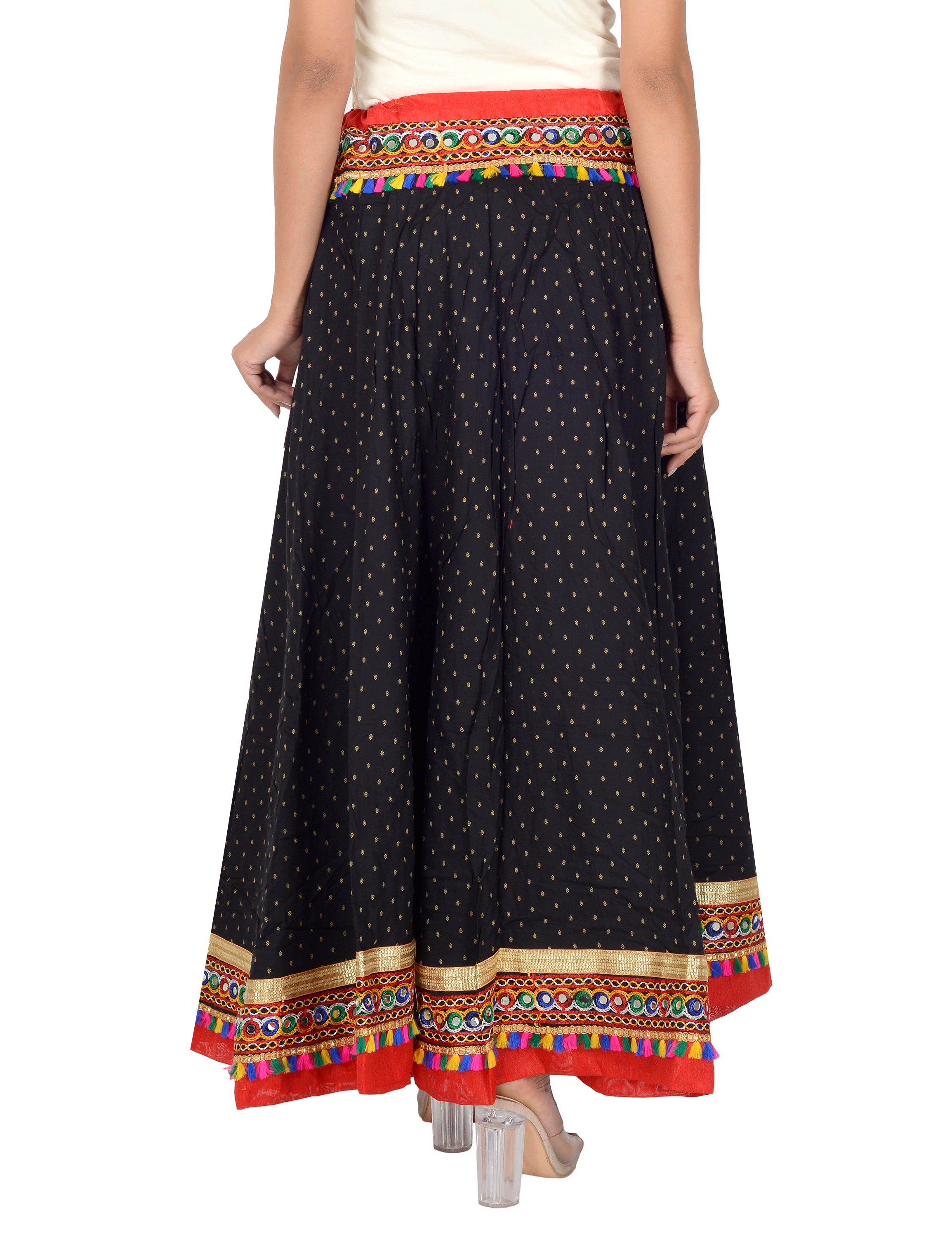 Dots Print & Kutchi Embroidered Border Cotton Skirt/Chaniya - DotsSkirt-Black