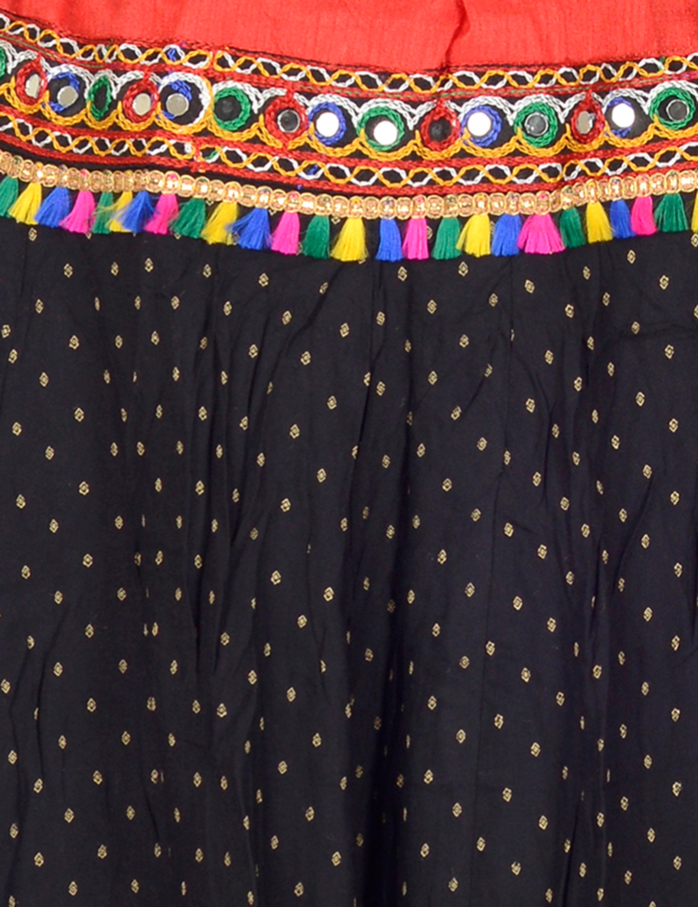 Dots Print & Kutchi Embroidered Border Cotton Skirt/Chaniya - DotsSkirt-Black