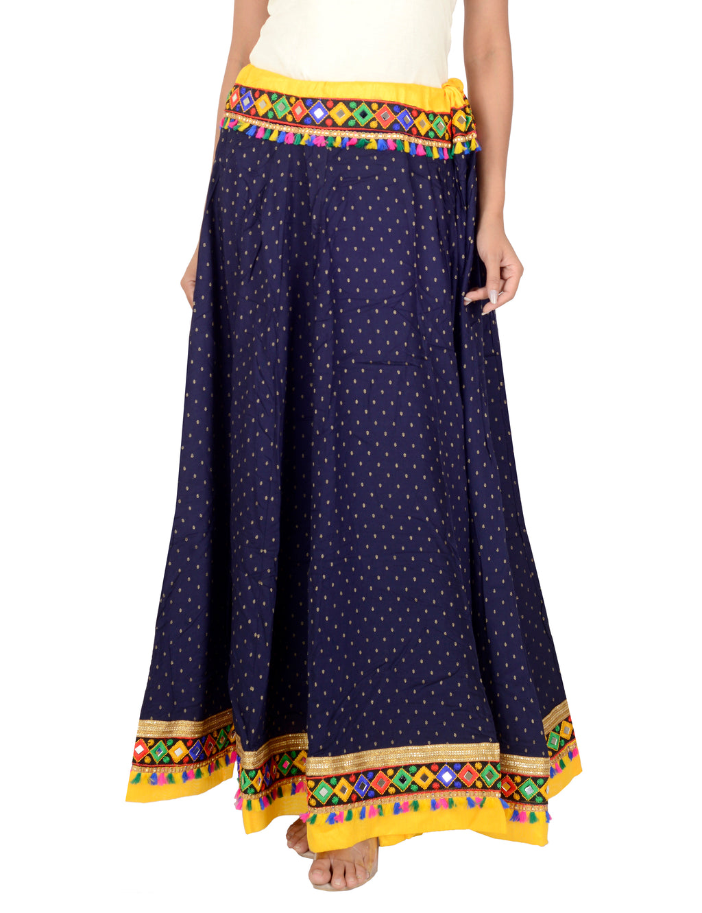 Dots Print & Kutchi Embroidered Border Cotton Skirt/Chaniya - DotsSkirt-NavyBlue
