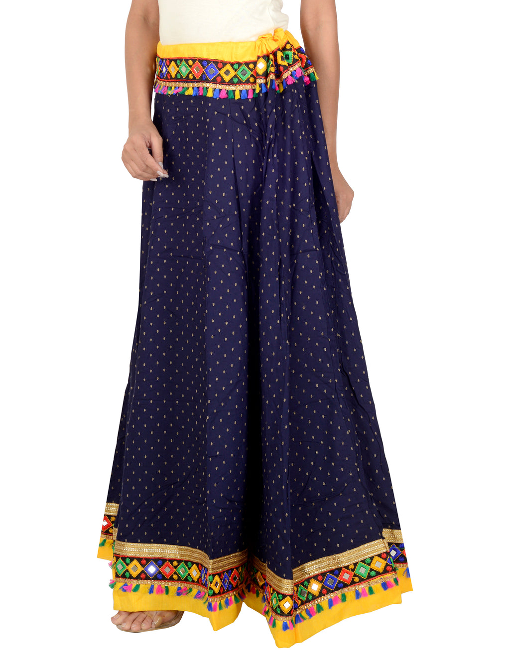 Dots Print & Kutchi Embroidered Border Cotton Skirt/Chaniya - DotsSkirt-NavyBlue