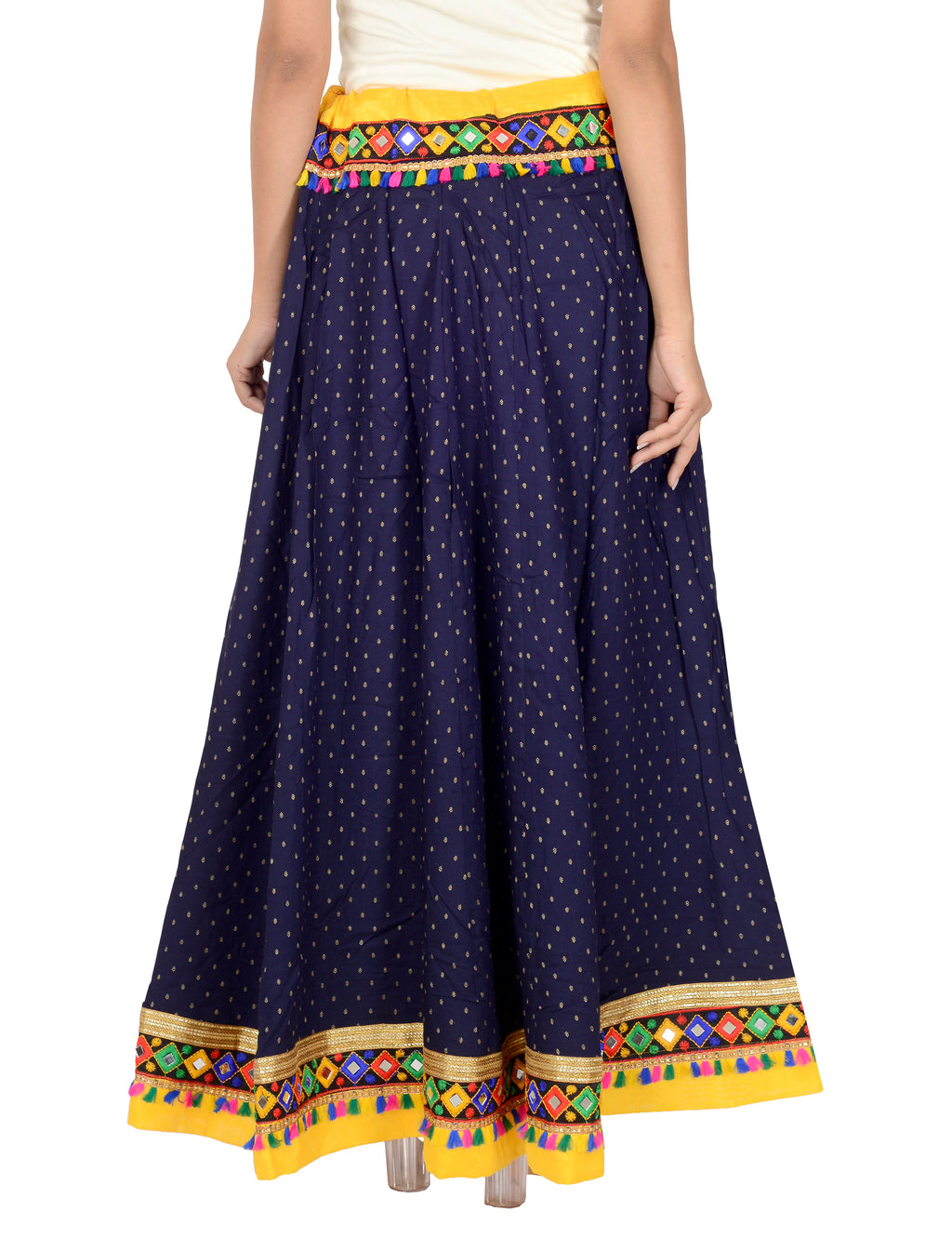 Dots Print & Kutchi Embroidered Border Cotton Skirt/Chaniya - DotsSkirt-NavyBlue
