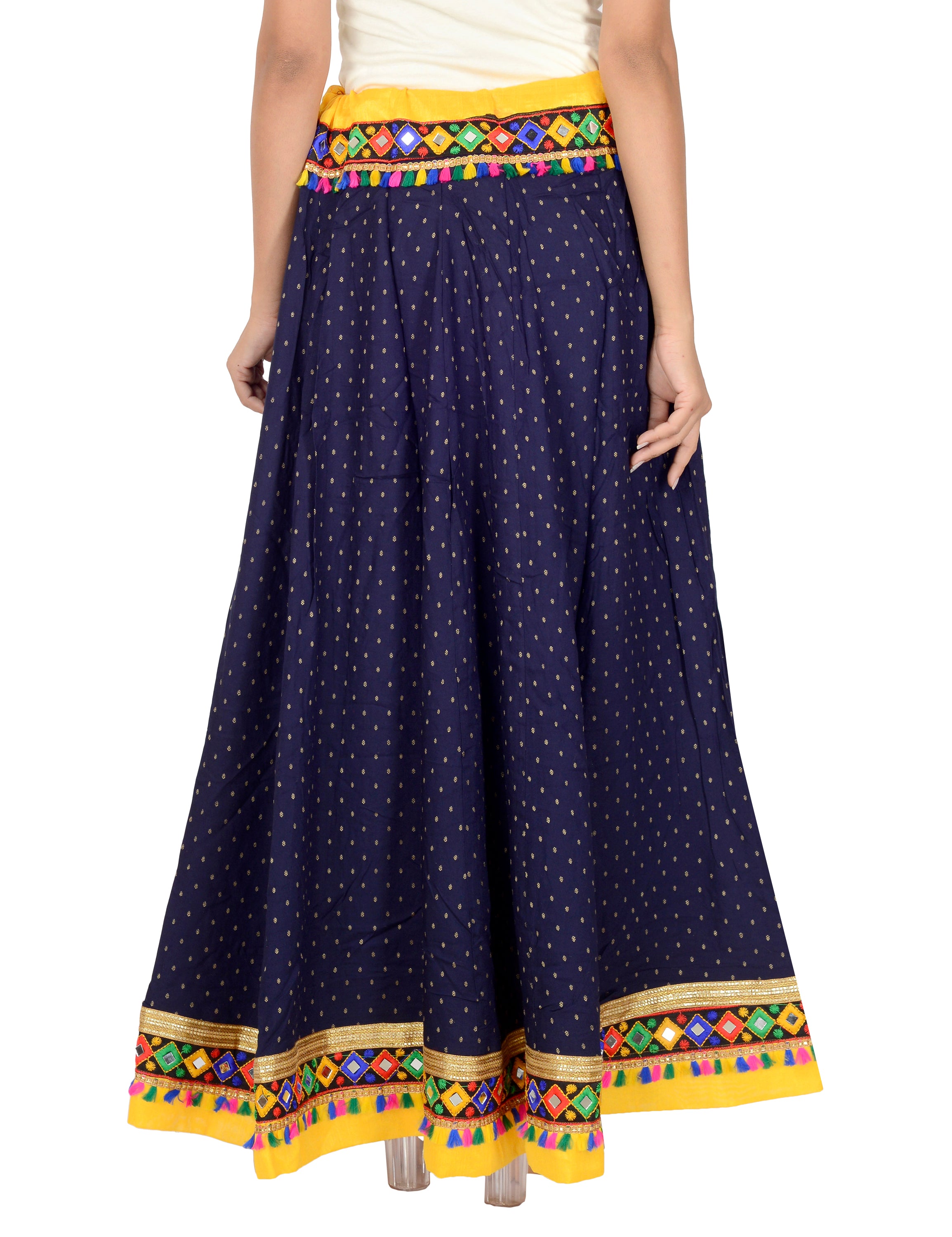 Dots Print & Kutchi Embroidered Border Cotton Skirt/Chaniya - DotsSkirt-NavyBlue