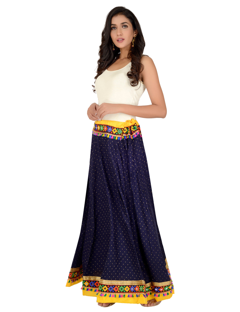 Dots Print & Kutchi Embroidered Border Cotton Skirt/Chaniya - DotsSkirt-NavyBlue