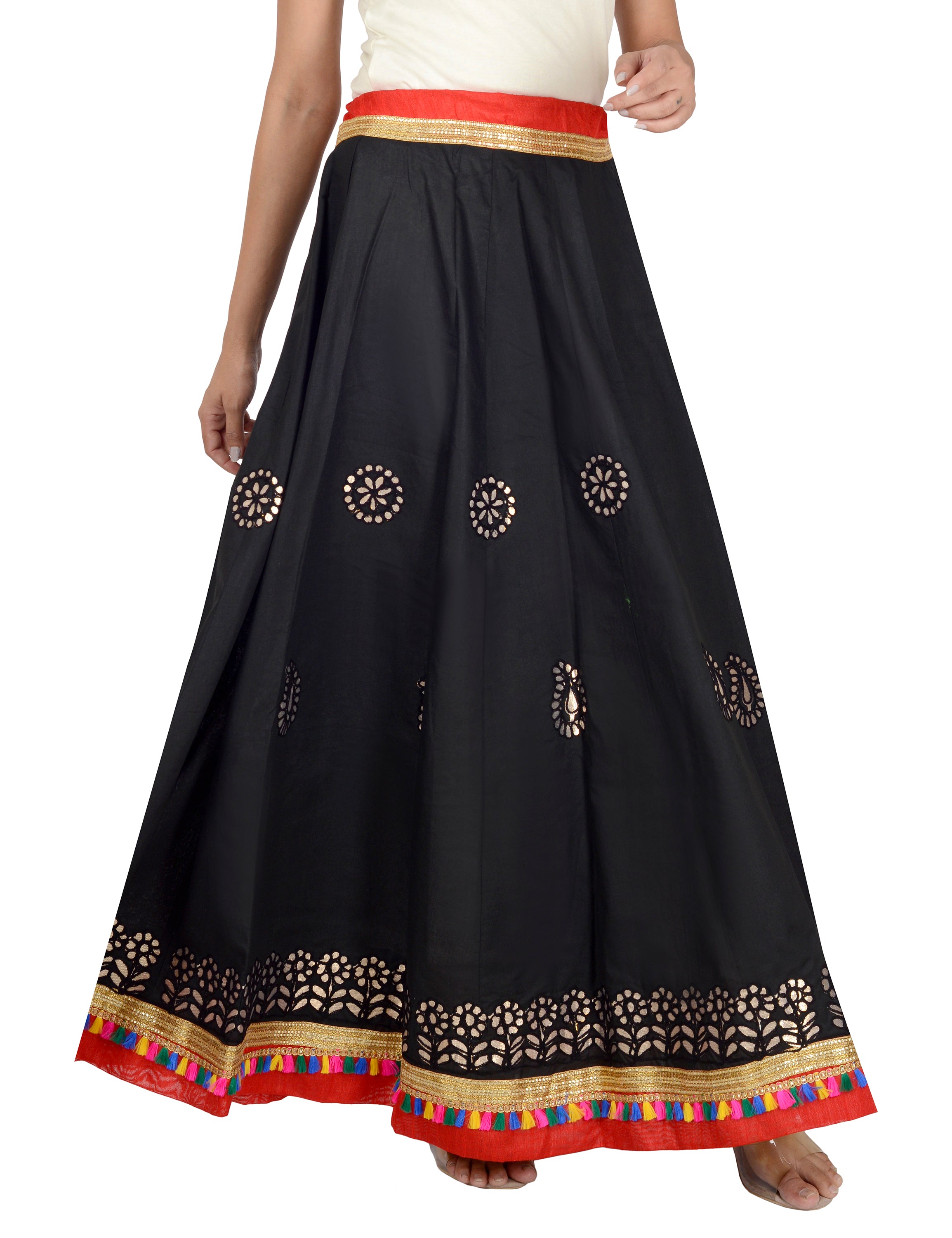 Gotta Work Long Flair Cotton Skirt/Chaniya - GotaSkirt-Black