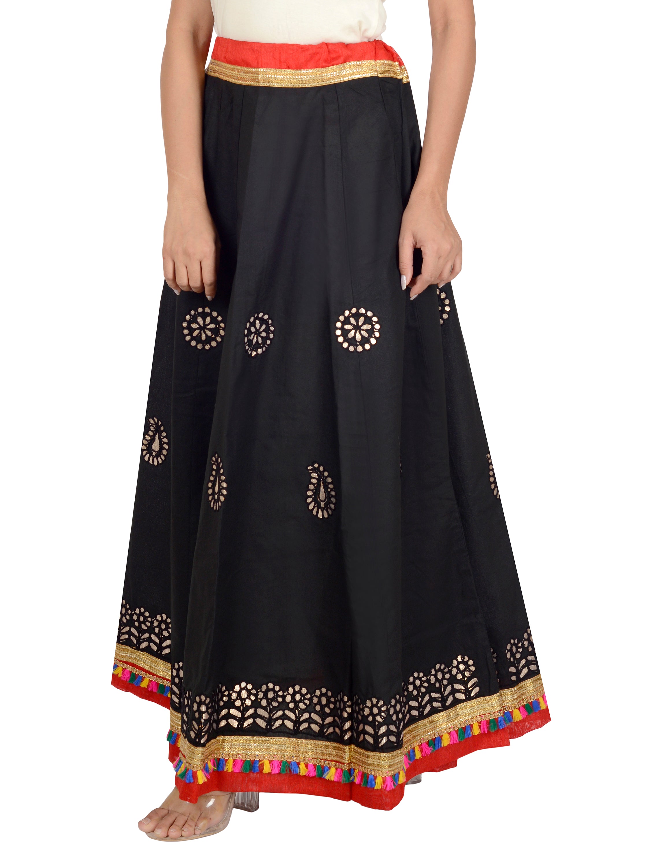 Gotta Work Long Flair Cotton Skirt/Chaniya - GotaSkirt-Black