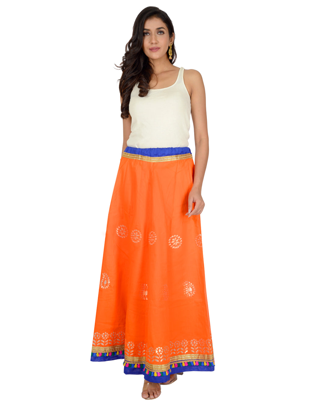 Gotta Work Long Flair Cotton Skirt/Chaniya - GotaSkirt-Orange