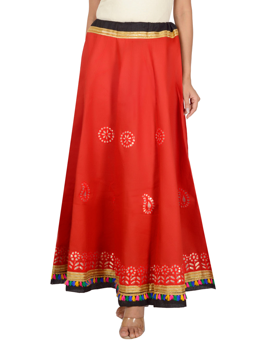 Gotta Work Long Flair Cotton Skirt/Chaniya - GotaSkirt-Red