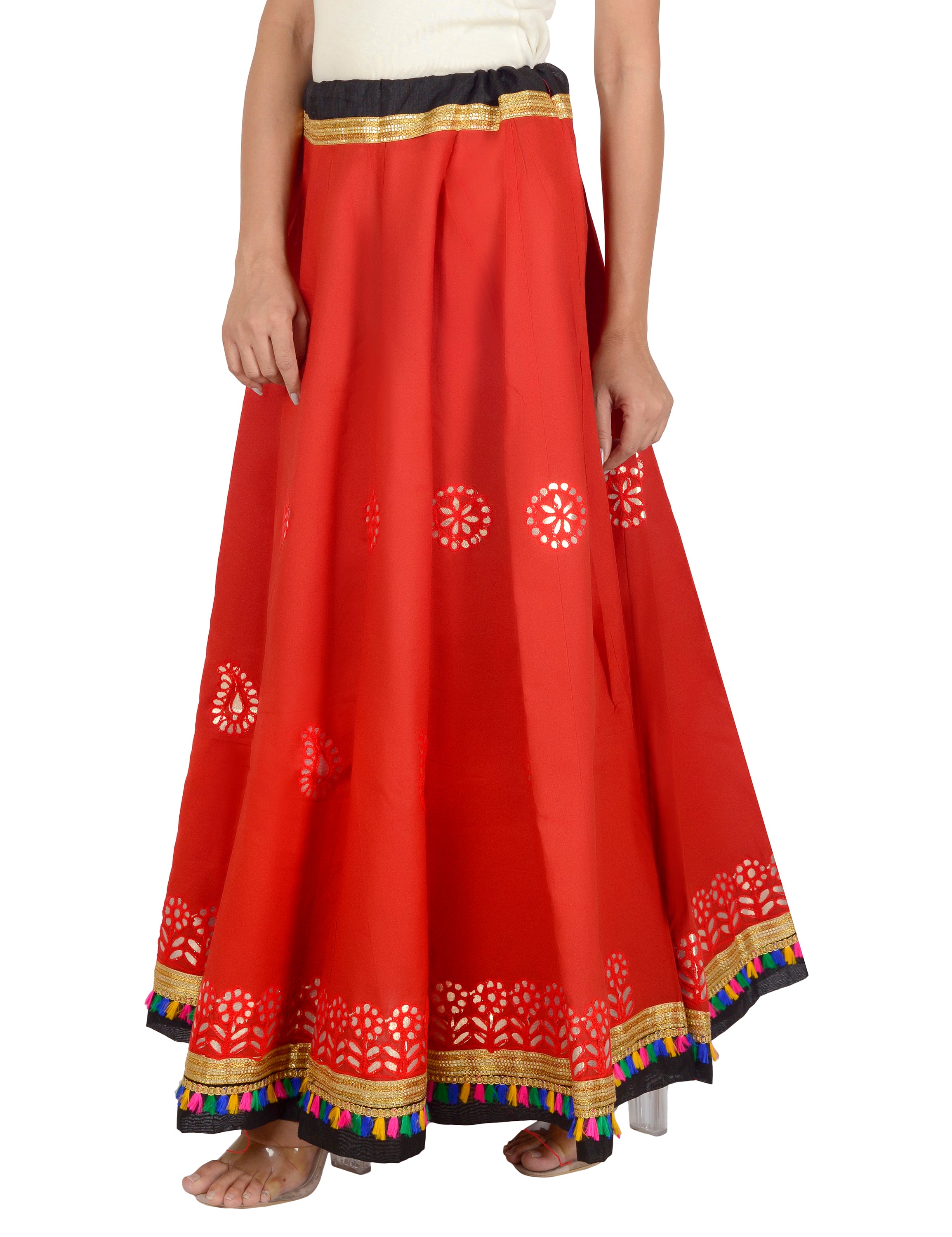 Gotta Work Long Flair Cotton Skirt/Chaniya - GotaSkirt-Red