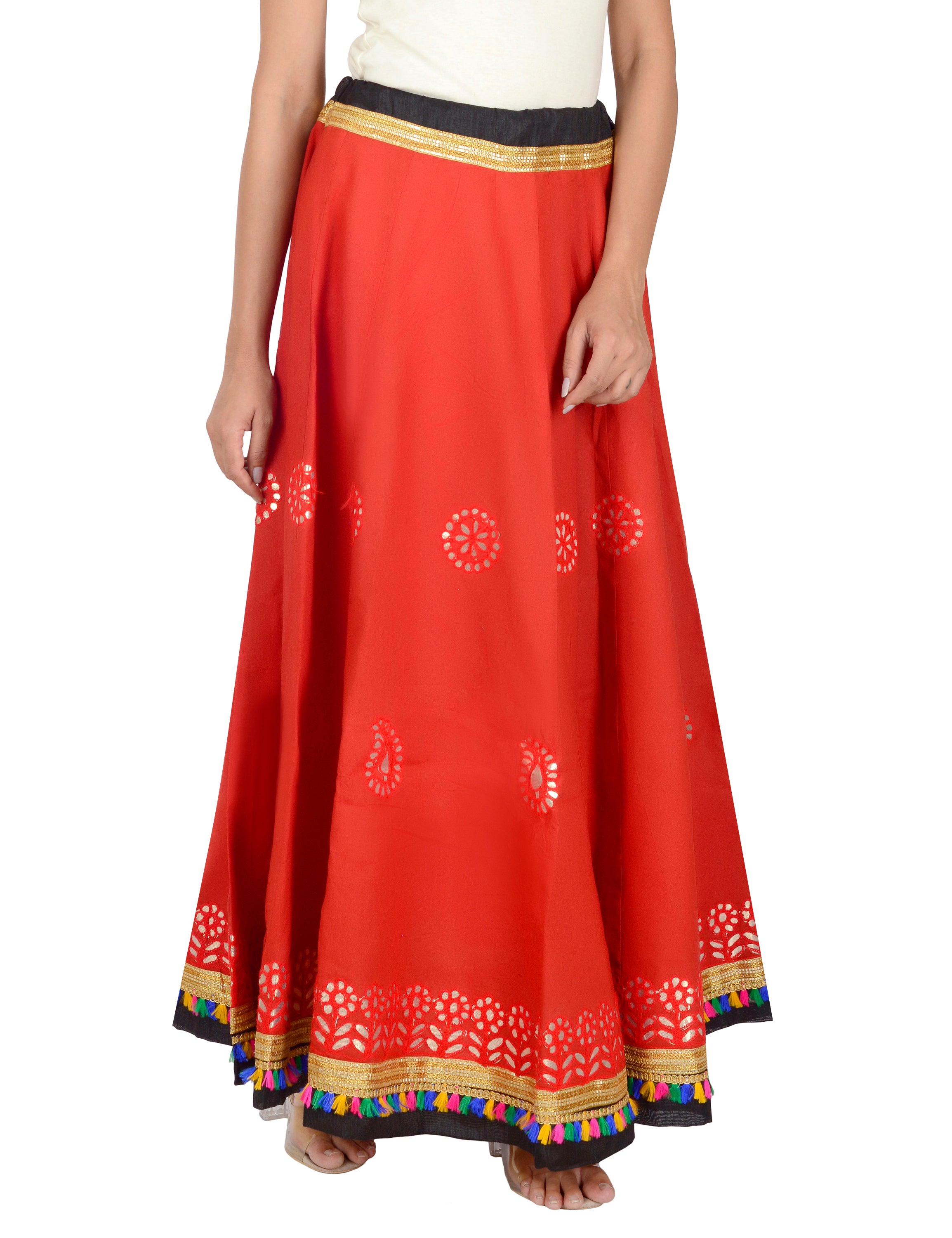 Gotta Work Long Flair Cotton Skirt/Chaniya - GotaSkirt-Red