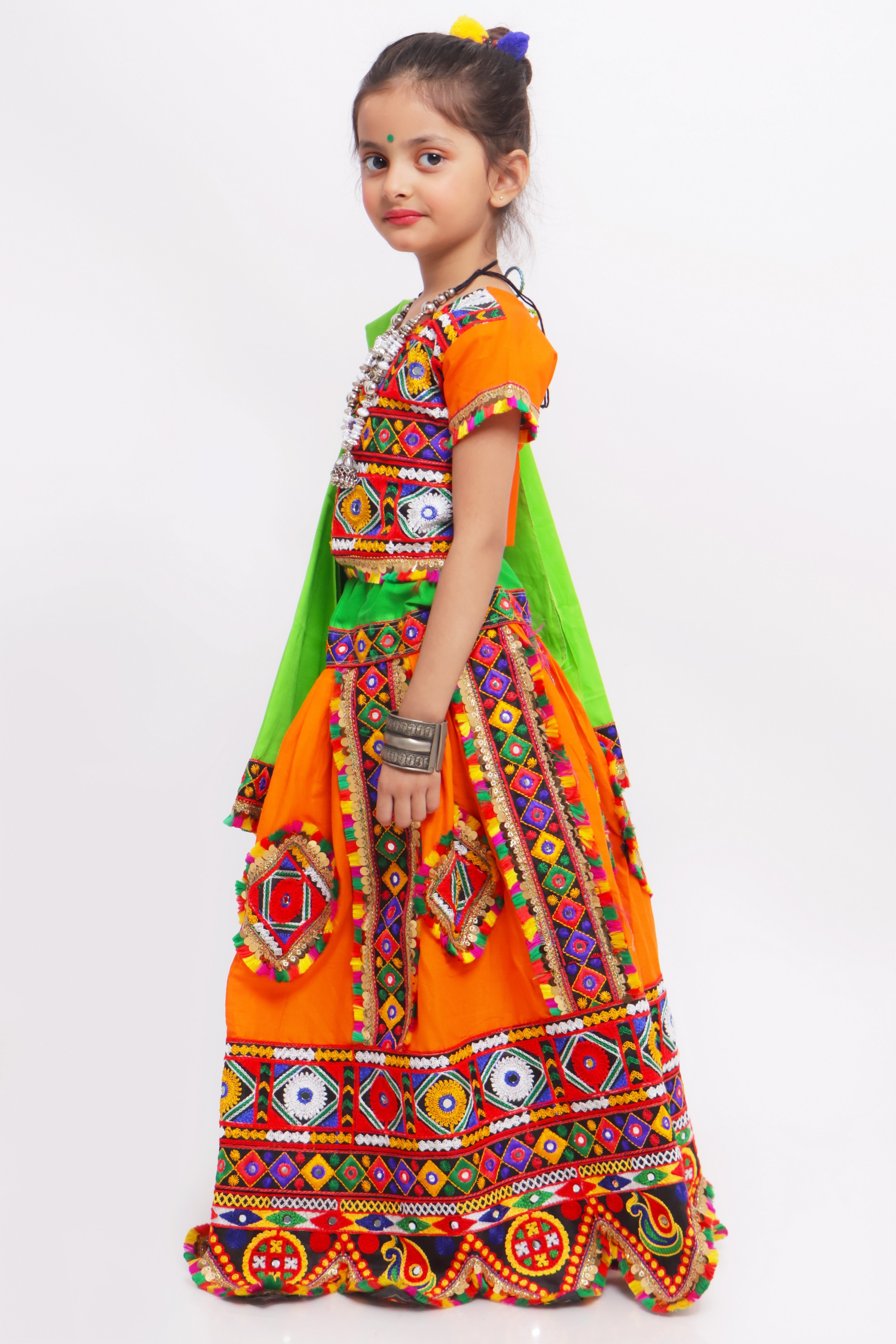 Banjara India Kutchi Emboidered Black Girls Chaniya Choli with Dupatta (CC-PTW) - Orange