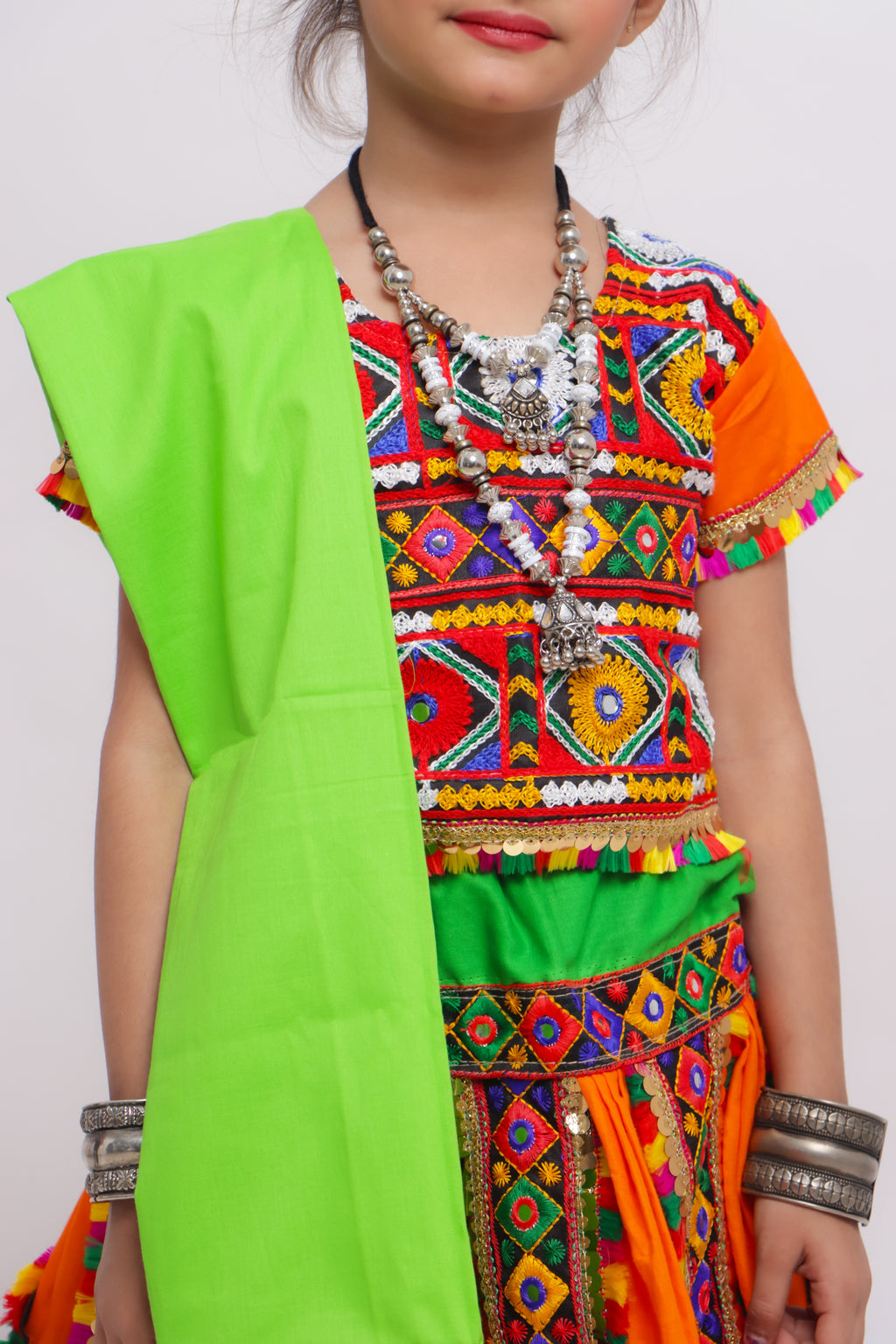 Banjara India Kutchi Emboidered Black Girls Chaniya Choli with Dupatta (CC-PTW) - Orange