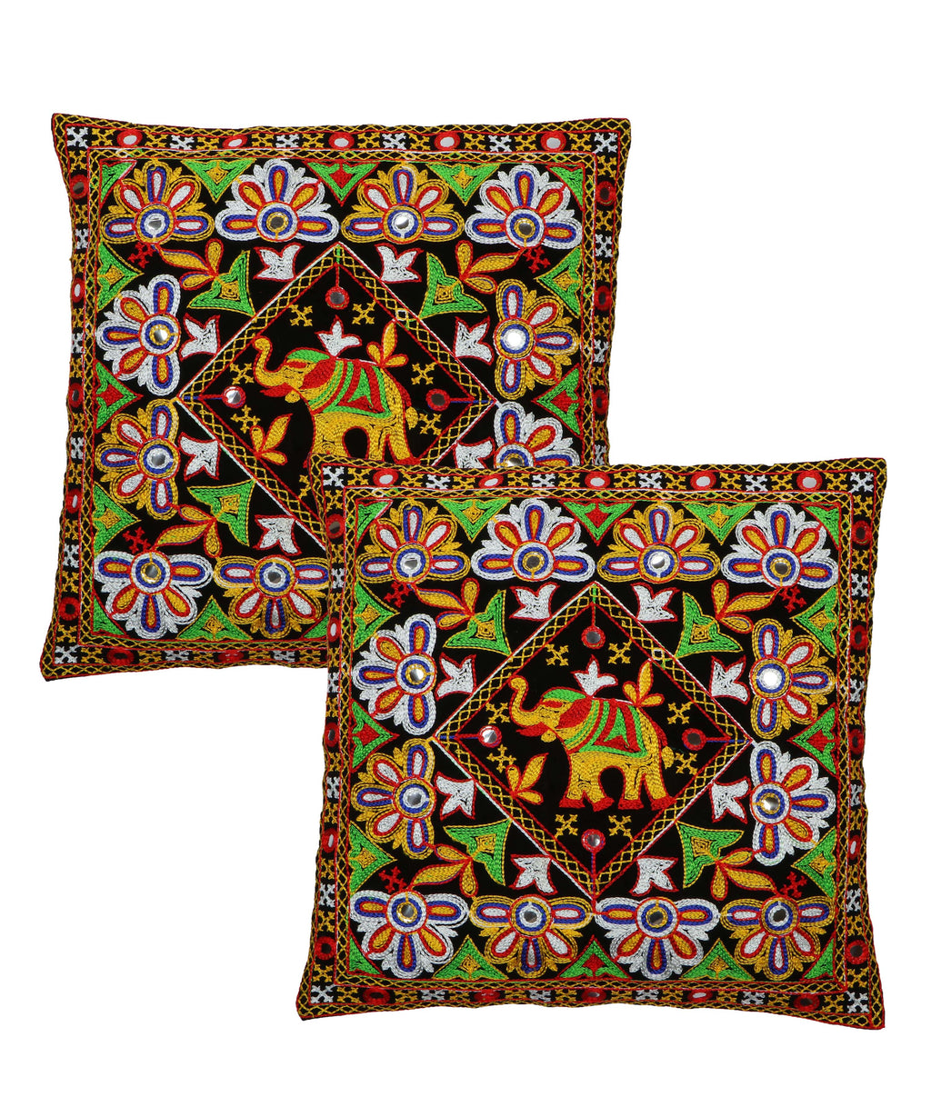 Kutch Work Cotton Handicraft Embroidered Cushion Covers 16x16 inches - Pack of 2-Black