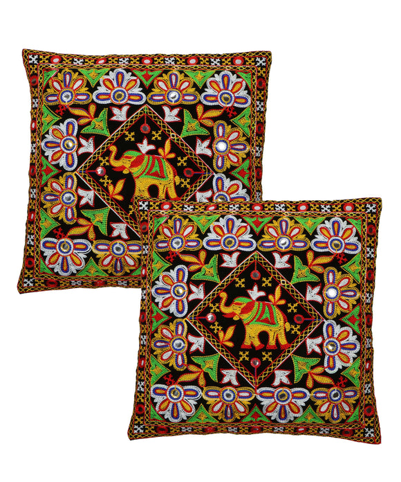 Kutch Work Cotton Handicraft Embroidered Cushion Covers 16x16 inches - Pack of 2-Black