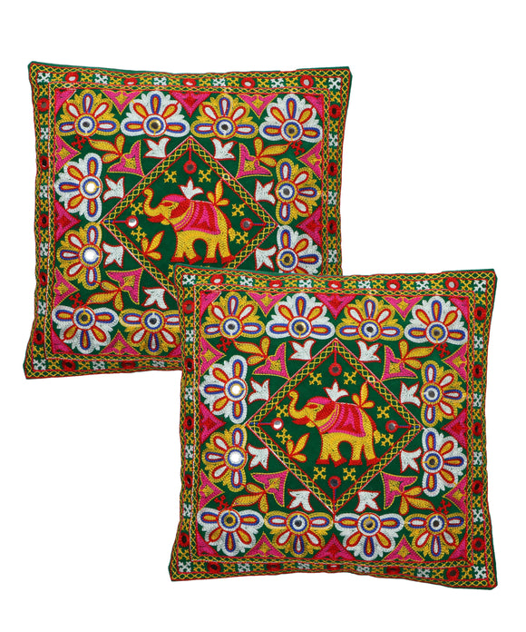 Kutch Work Cotton Handicraft Embroidered Cushion Covers 16x16 inches - Pack of 2- Green