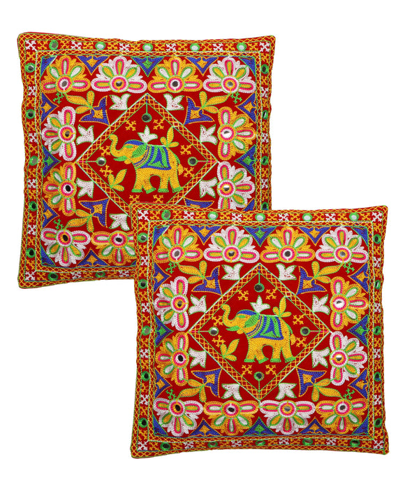 Kutch Work Cotton Handicraft Embroidered Cushion Covers 16x16 inches - Pack of 2- Red
