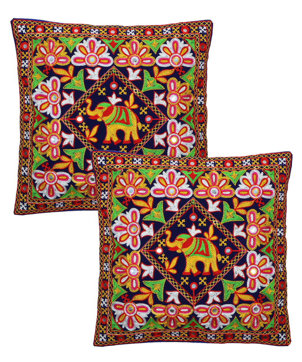 Kutch Work Cotton Handicraft Embroidered Cushion Covers 16x16 inches - Pack of 2- Blue