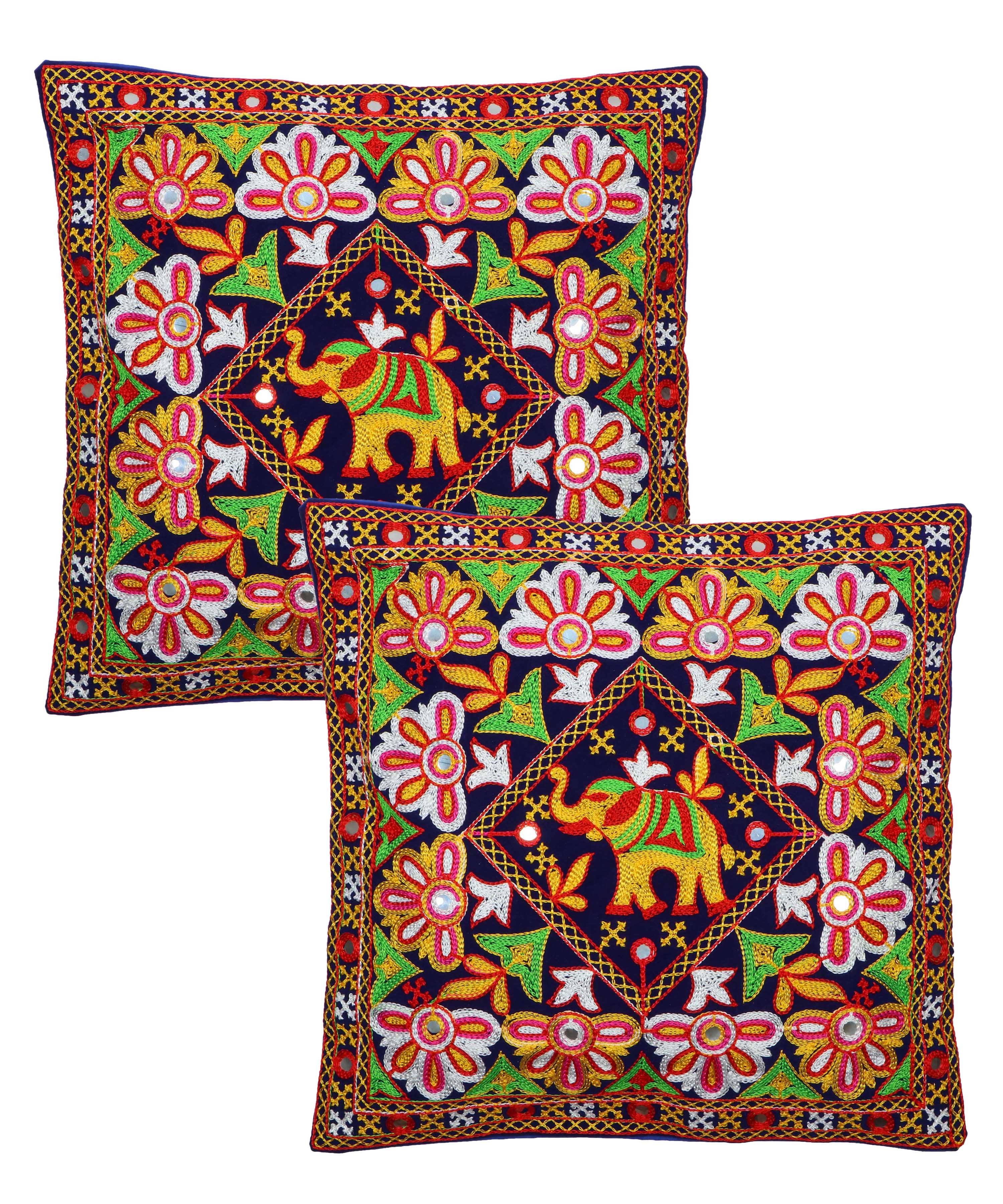 Kutch Work Cotton Handicraft Embroidered Cushion Covers 16x16 inches - Pack of 2- Blue