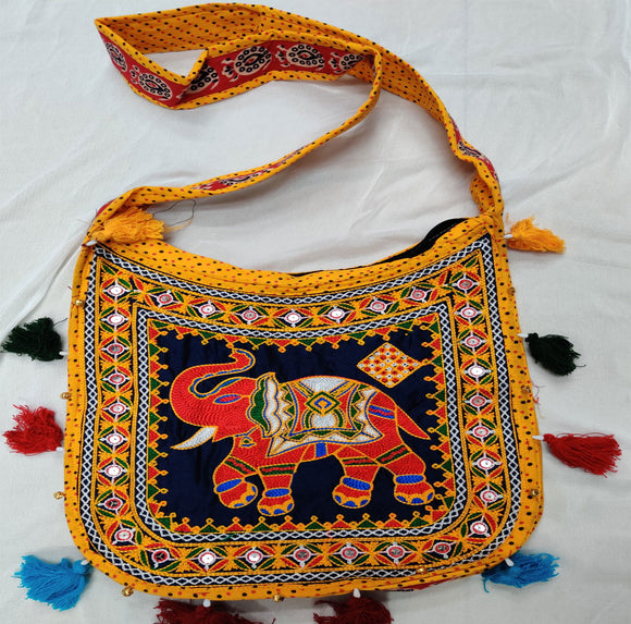 Cotton Kutchi Embroidered Haathi Bag-Yellow