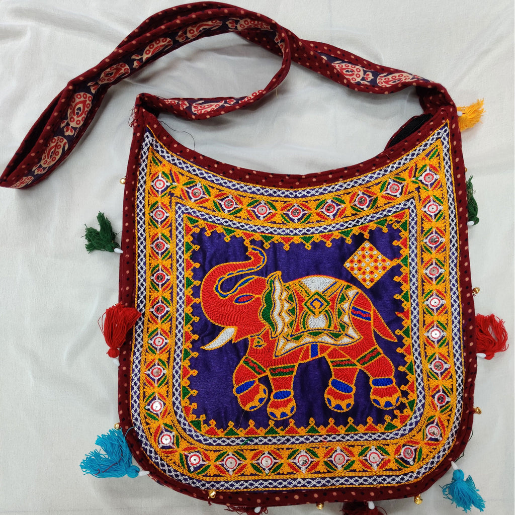 Cotton Kutchi Embroidered Haathi Bag-Maroon