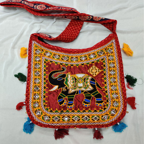 Cotton Kutchi Embroidered Haathi Bag-Red