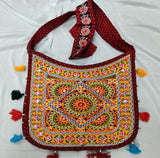 Cotton Kutchi Embroidered Flower Bag-Maroon