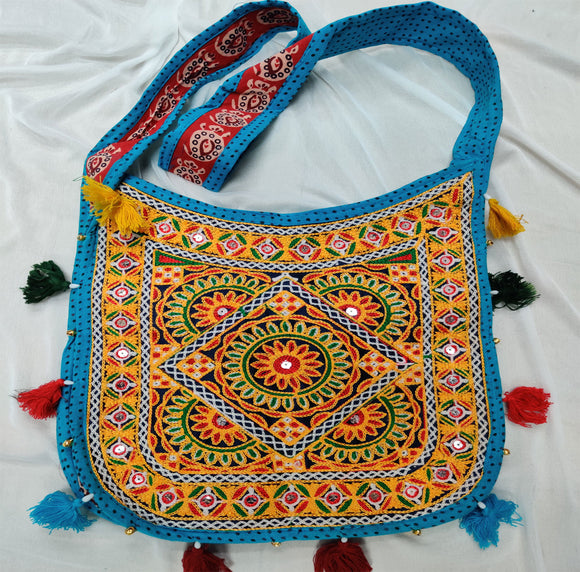 Cotton Kutchi Embroidered Flower Bag-Turquoise Blue