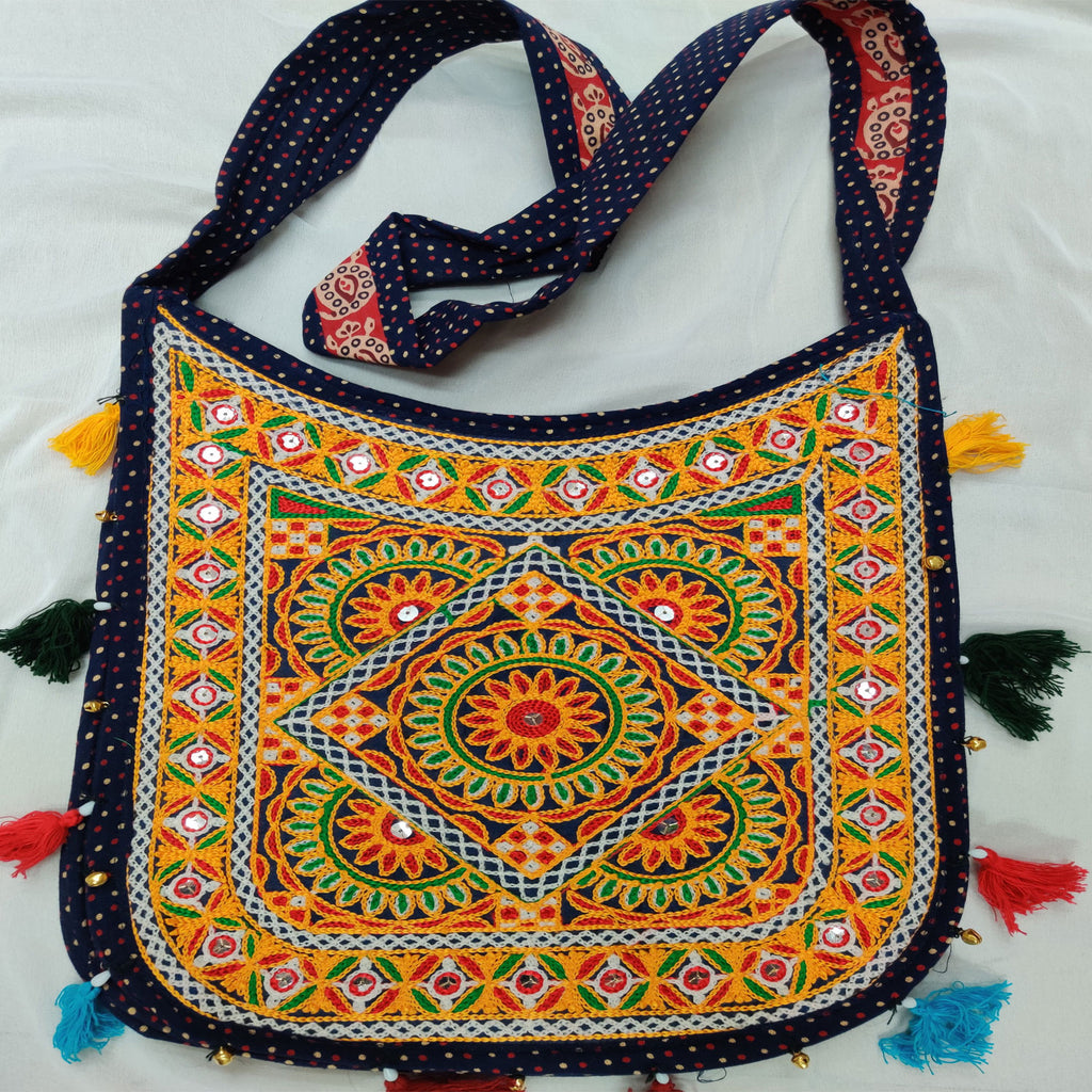 Cotton Kutchi Embroidered Flower Bag- Navy Blue