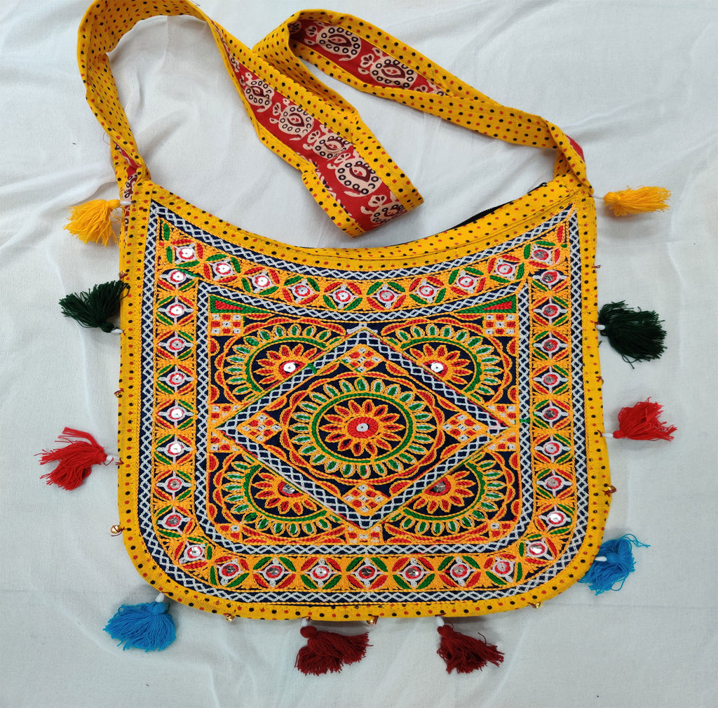 Cotton Kutchi Embroidered Flower Bag-Yellow