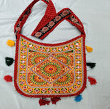 Cotton Kutchi Embroidered Flower Bag-Red