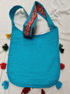 Cotton Kutchi Embroidered Flower Bag-Turquoise Blue