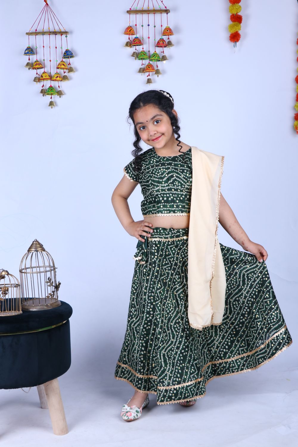 Banjara India Kutchi Emboidered Yellow Girls Chaniya Choli with Dupatta (CC-BANDHEJ) - Green