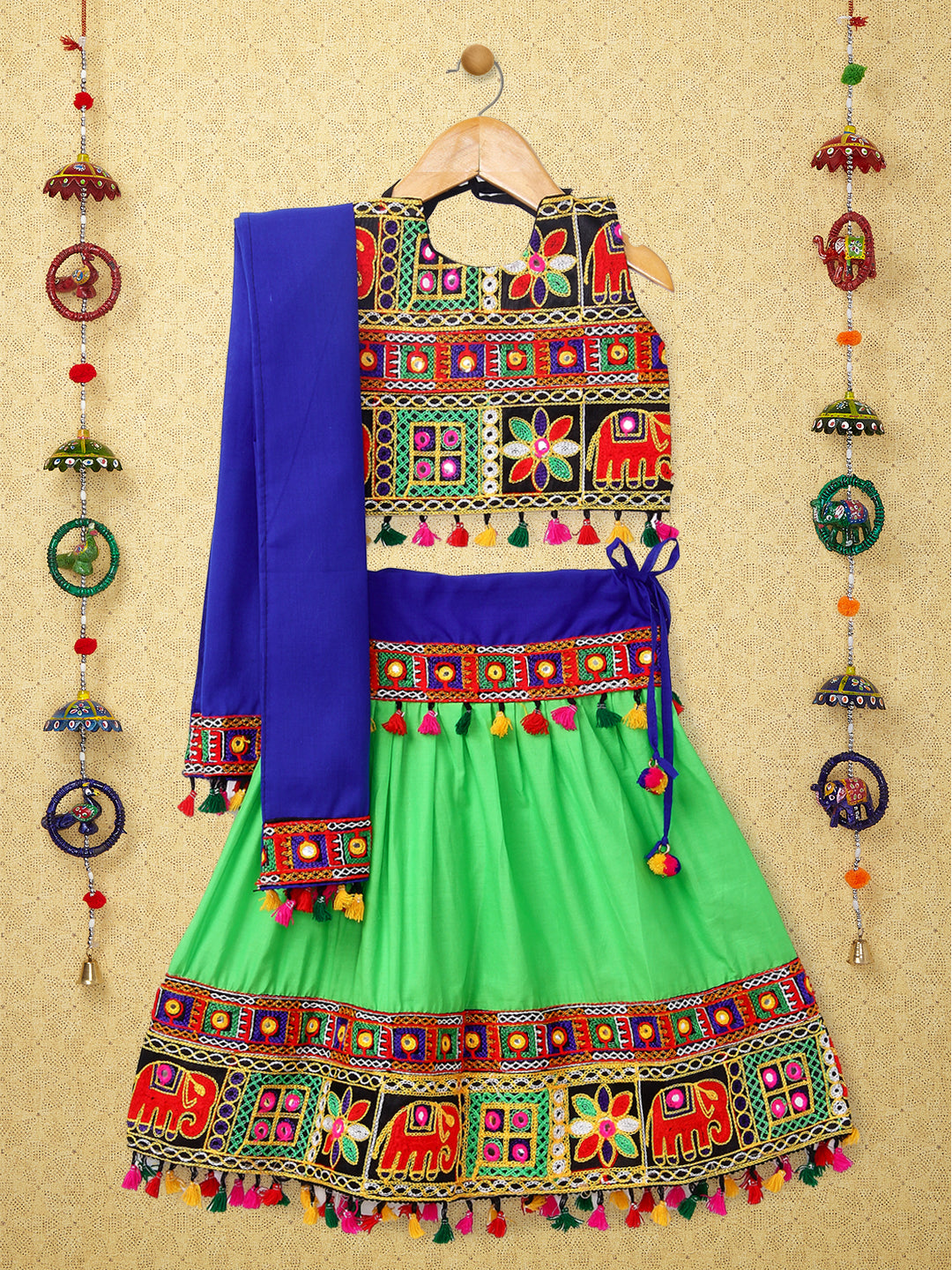 Banjara India Kutchi Emboidered Black Girls Chaniya Choli with Dupatta (CC-WILD) - Green