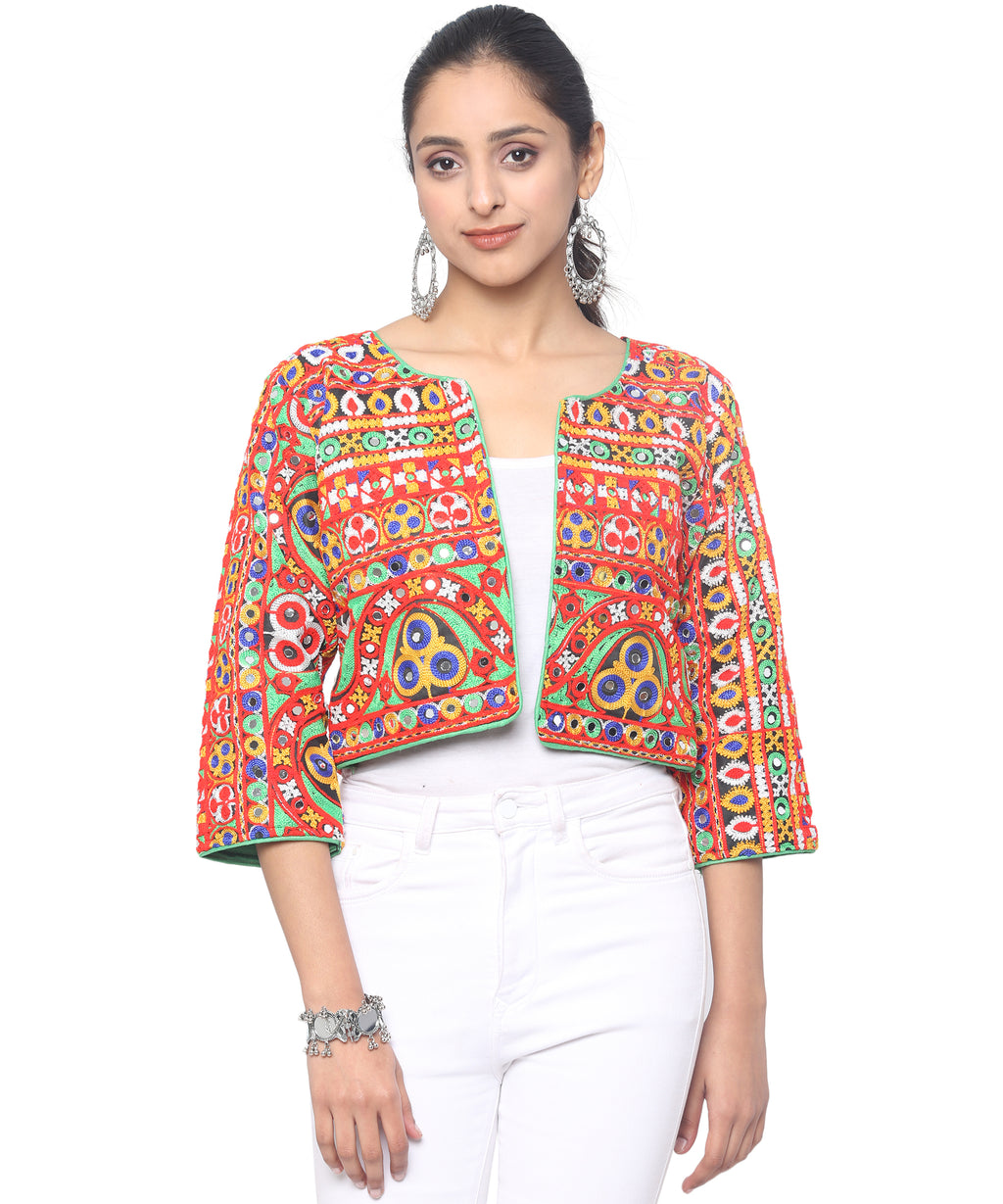 Banjara India Women's Cotton Blend Kutchi Embroidered Long Sleeve Jacket/Koti/Shrug  - JCK-HVY-Black