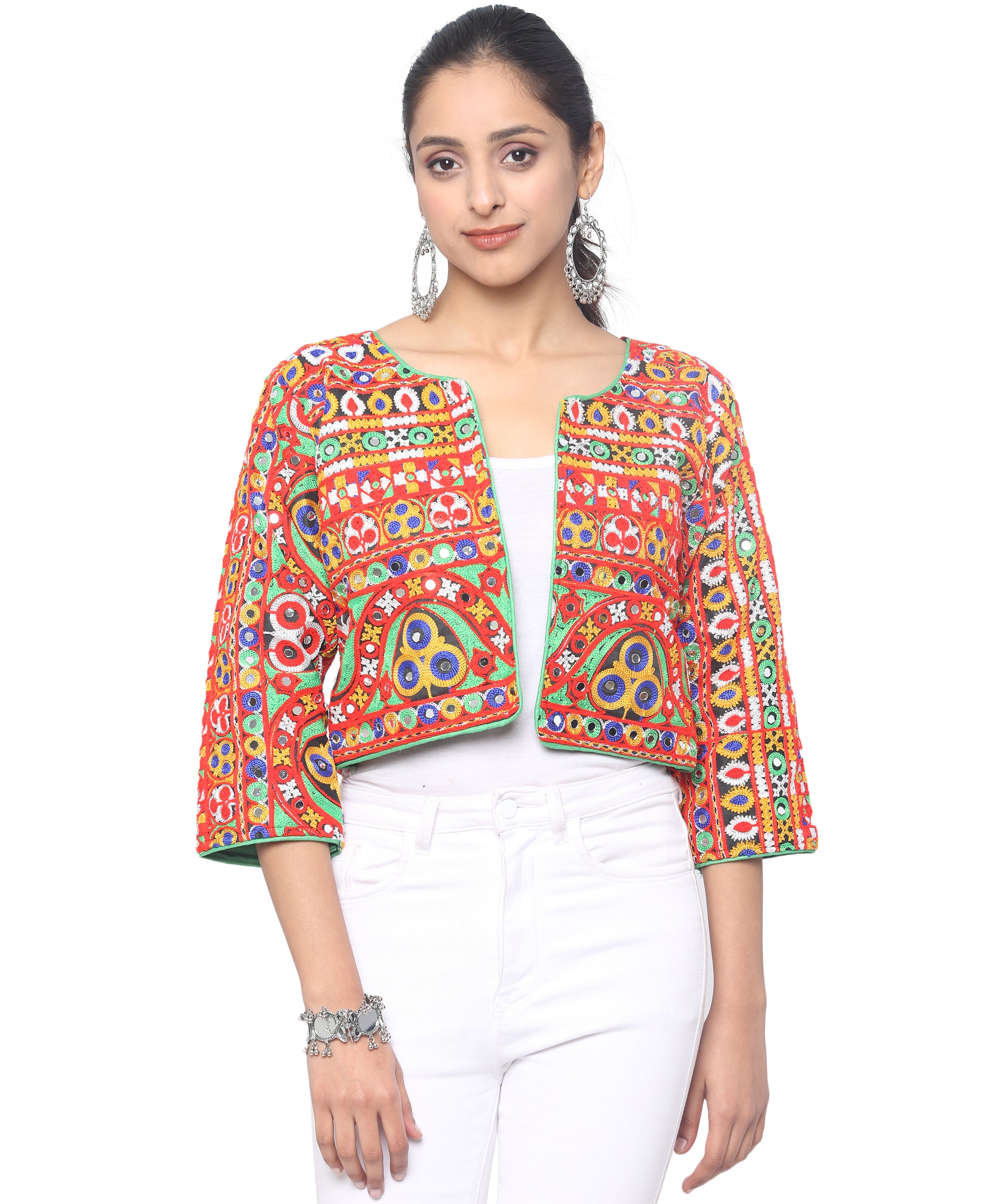 Banjara India Women's Cotton Blend Kutchi Embroidered Long Sleeve Jacket/Koti/Shrug  - JCK-HVY-Black