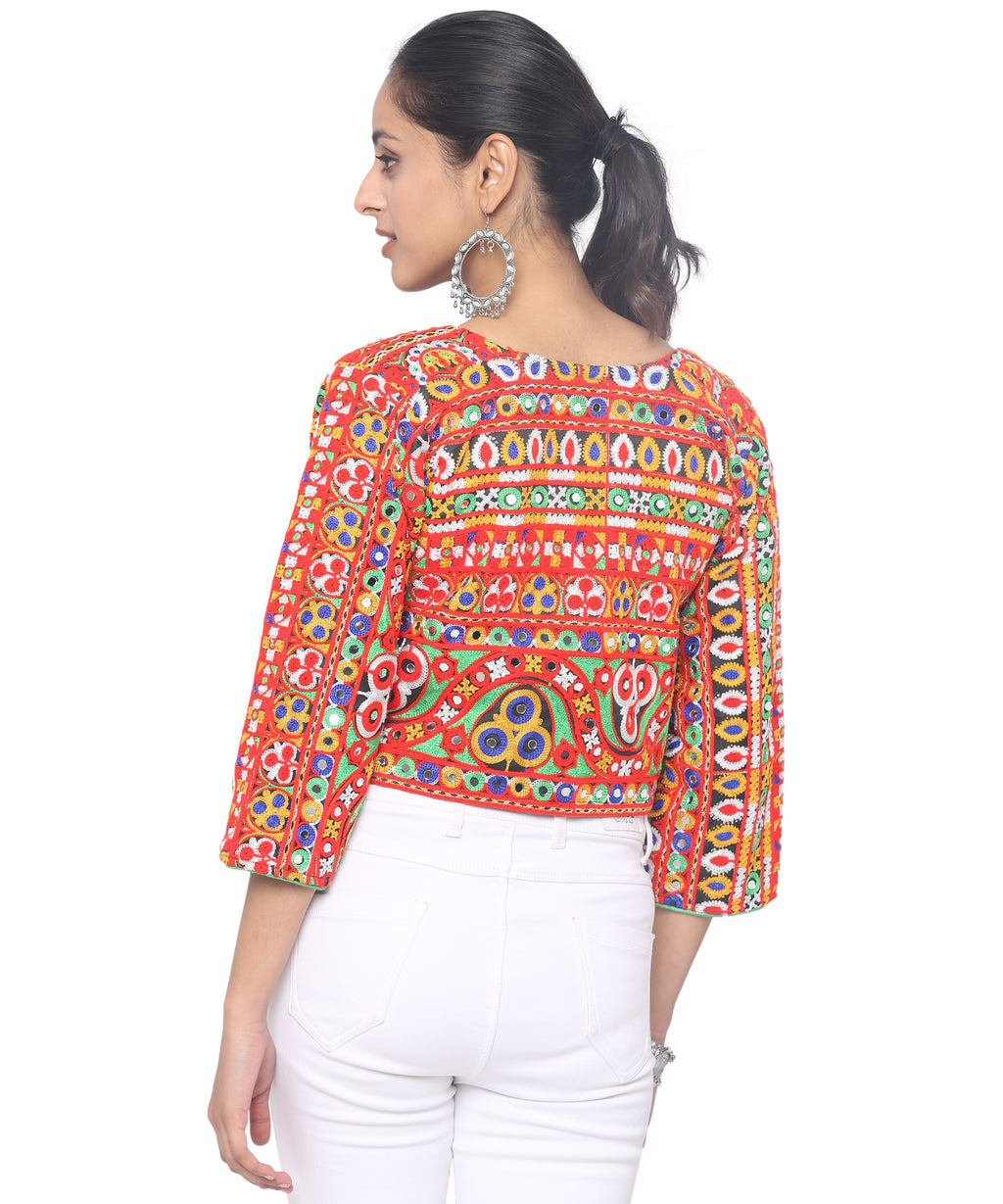 Banjara India Women's Cotton Blend Kutchi Embroidered Long Sleeve Jacket/Koti/Shrug  - JCK-HVY-Black