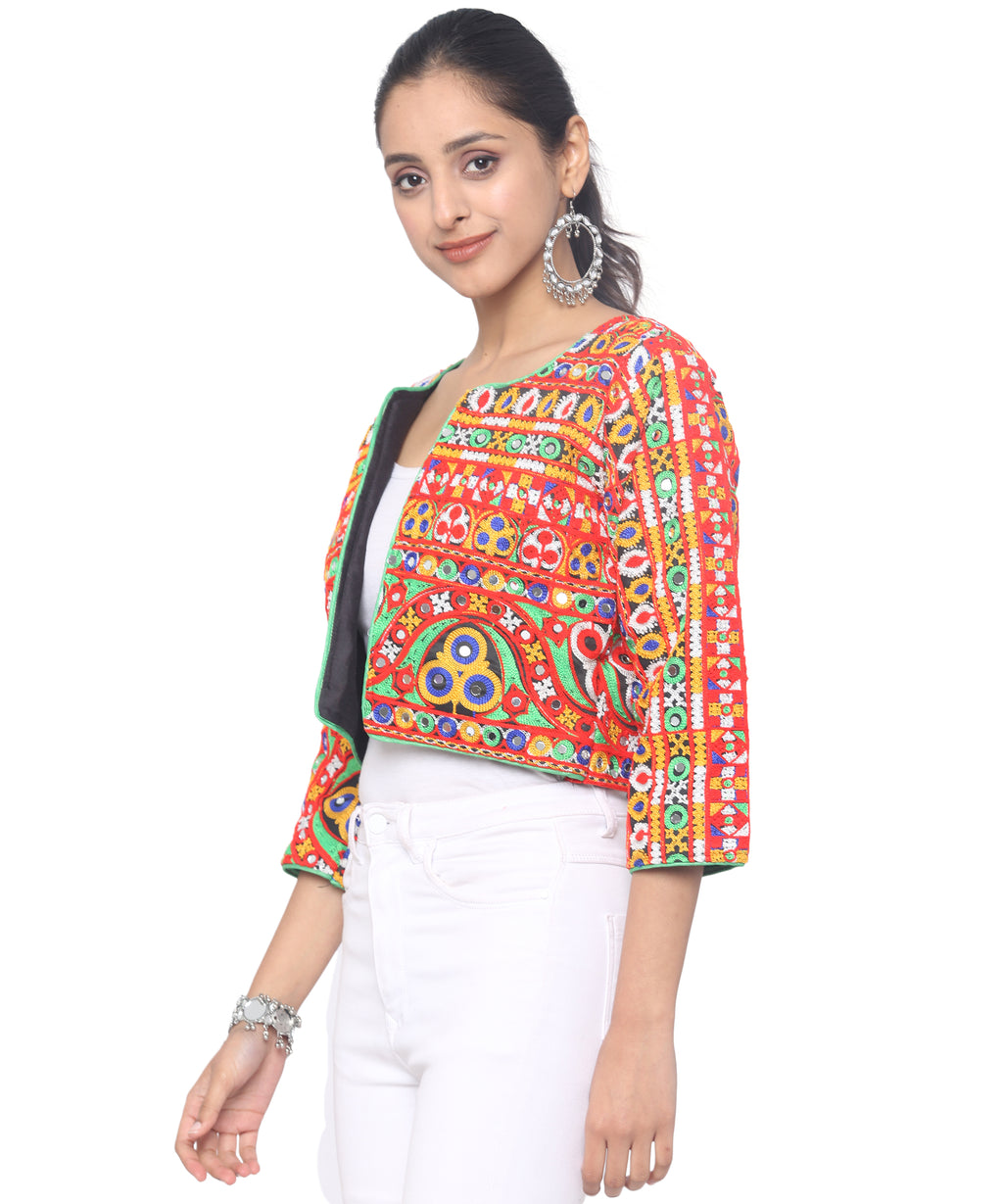 Banjara India Women's Cotton Blend Kutchi Embroidered Long Sleeve Jacket/Koti/Shrug  - JCK-HVY-Black
