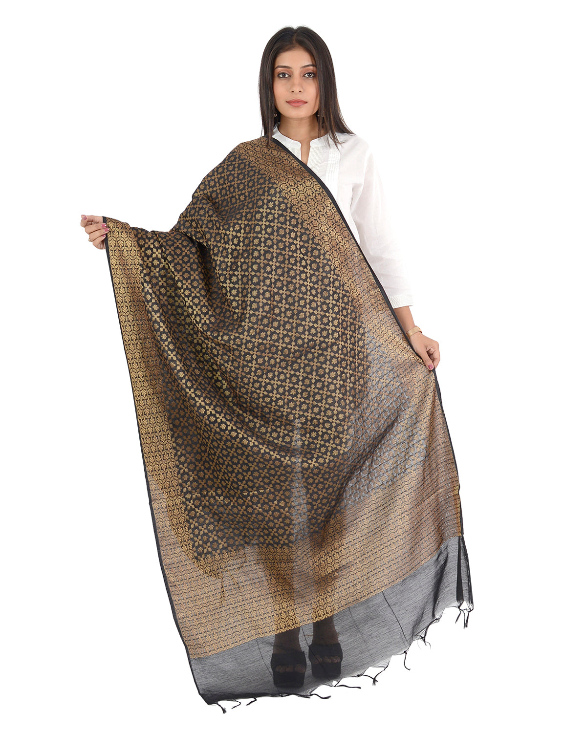 Banarasi Kora Silk Zari Dupatta - Karina-Black