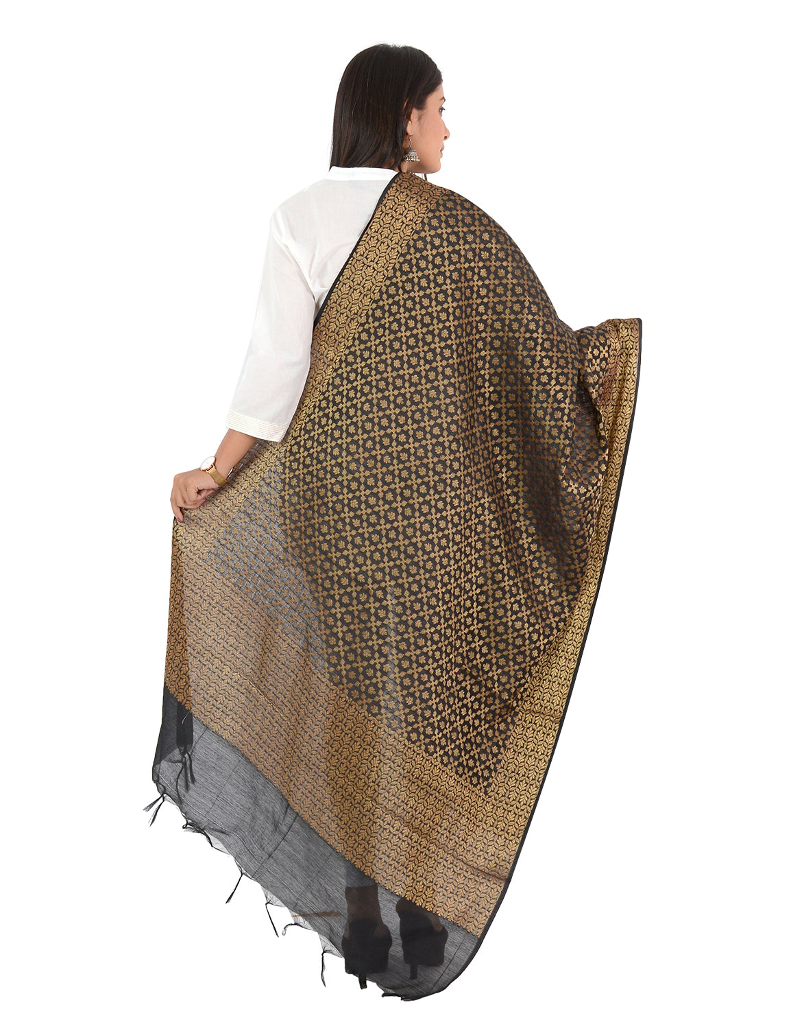Banarasi Kora Silk Zari Dupatta - Karina-Black