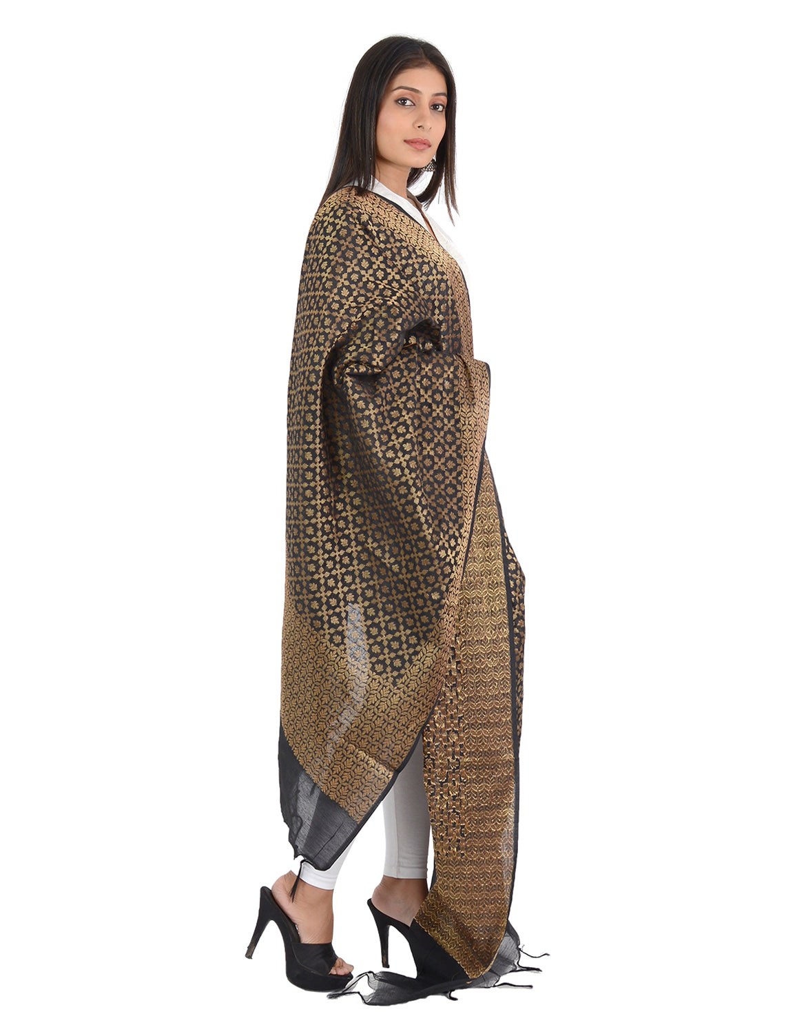 Banarasi Kora Silk Zari Dupatta - Karina-Black