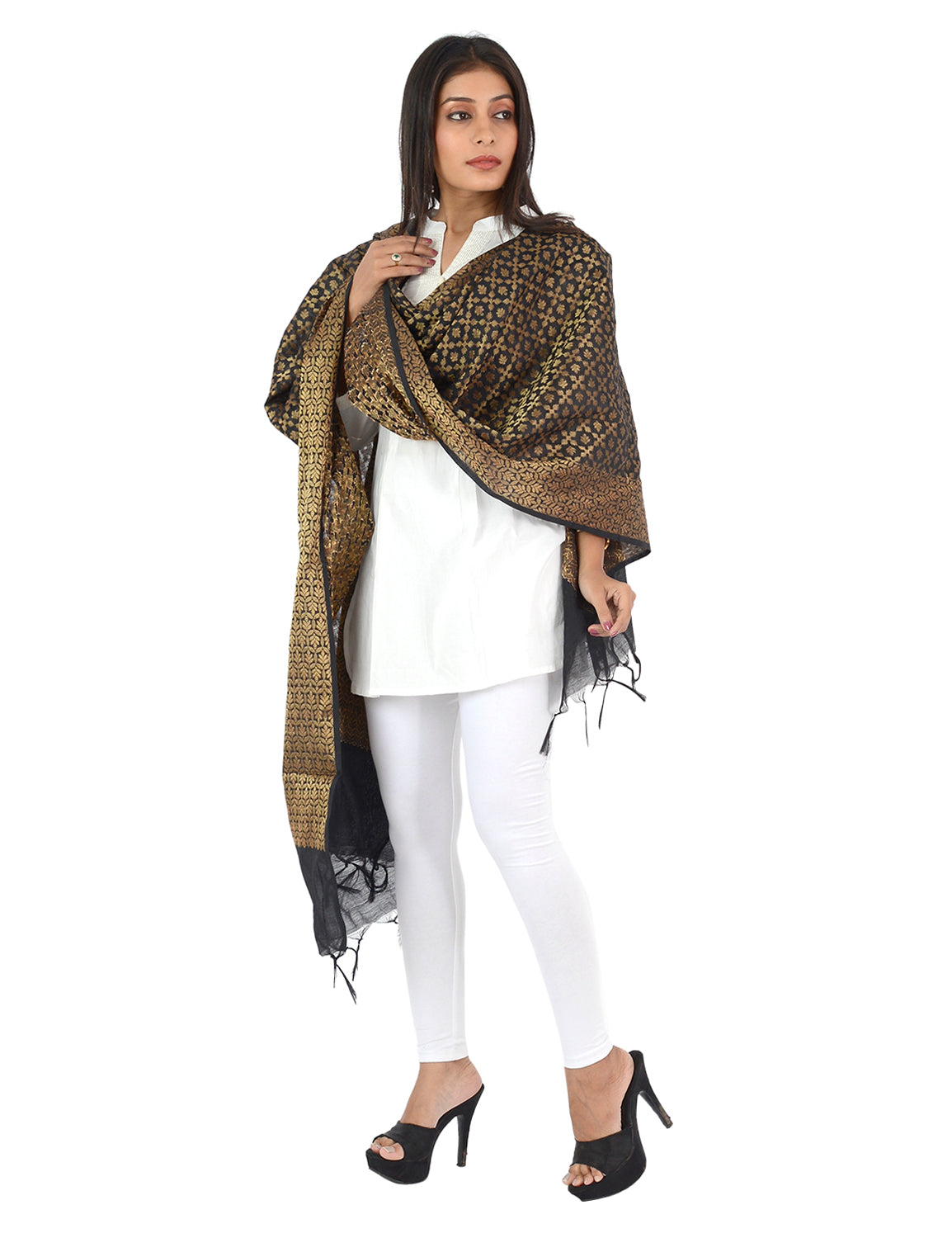 Banarasi Kora Silk Zari Dupatta - Karina-Black