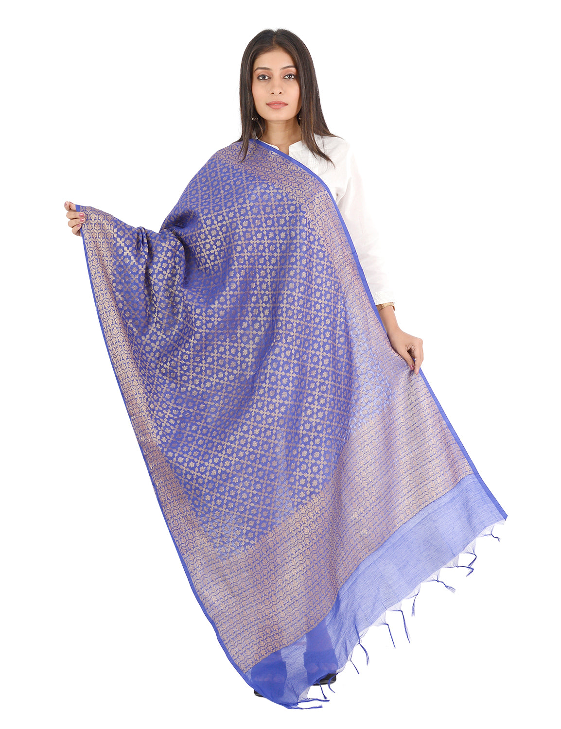 Banarasi Kora Silk Zari Dupatta - Karina-Blue