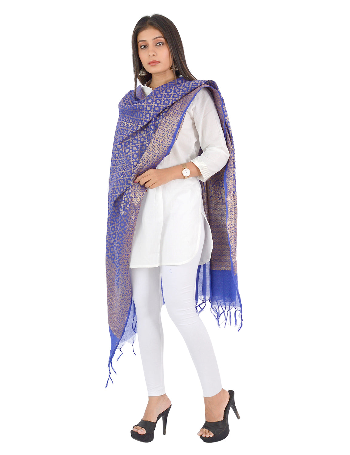Banarasi Kora Silk Zari Dupatta - Karina-Blue