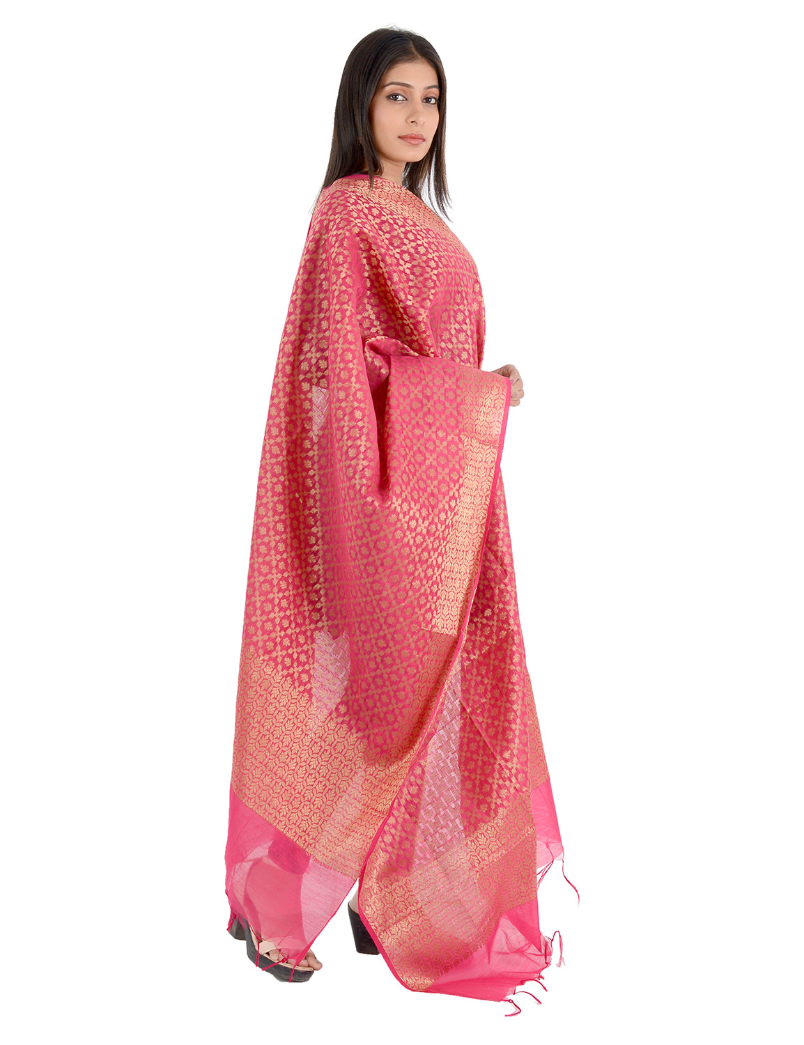 Banarasi Kora Silk Zari Dupatta - Karina-Pink