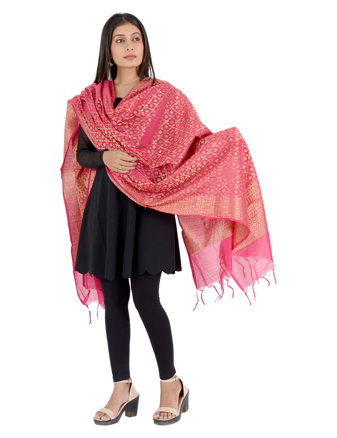 Banarasi Kora Silk Zari Dupatta - Karina-Pink