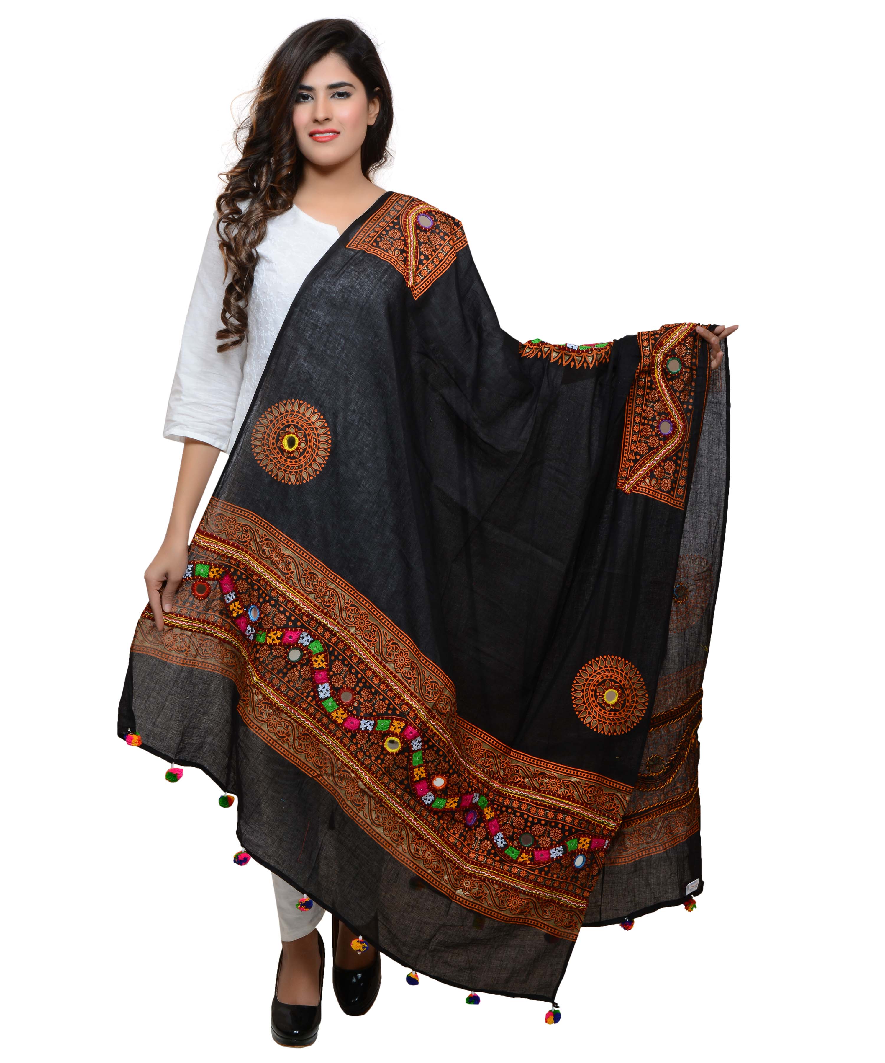Banjara India Women's Pure Cotton Real Mirrorwork & Hand Embroidery Dupatta (Kuchi Lehriya) Black - KCH01 - Banjara India