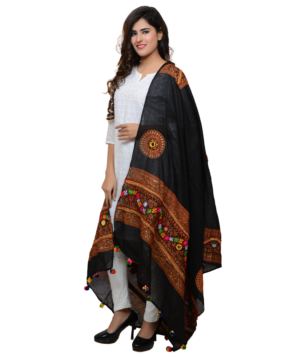 Banjara India Women's Pure Cotton Real Mirrorwork & Hand Embroidery Dupatta (Kuchi Lehriya) Black - KCH01 - Banjara India